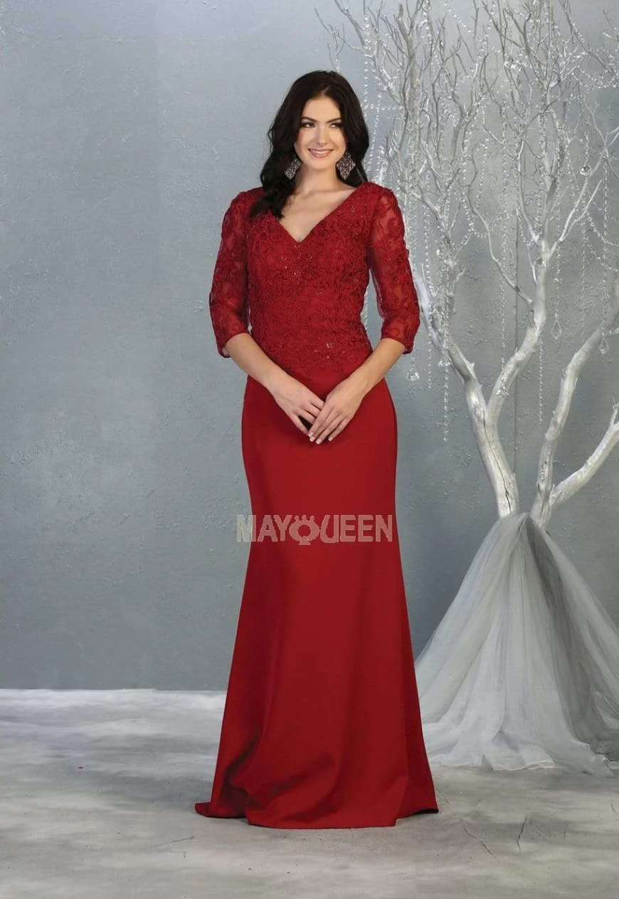 Applique Fitted 3/4 Sleeve Gown by May Queen MQ1783