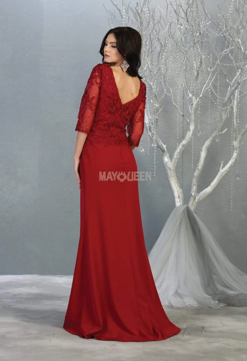 Applique Fitted 3/4 Sleeve Gown by May Queen MQ1783
