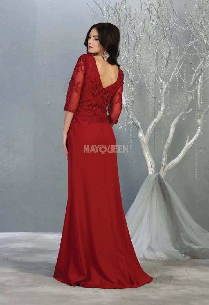 Applique Fitted 3/4 Sleeve Gown by May Queen MQ1783