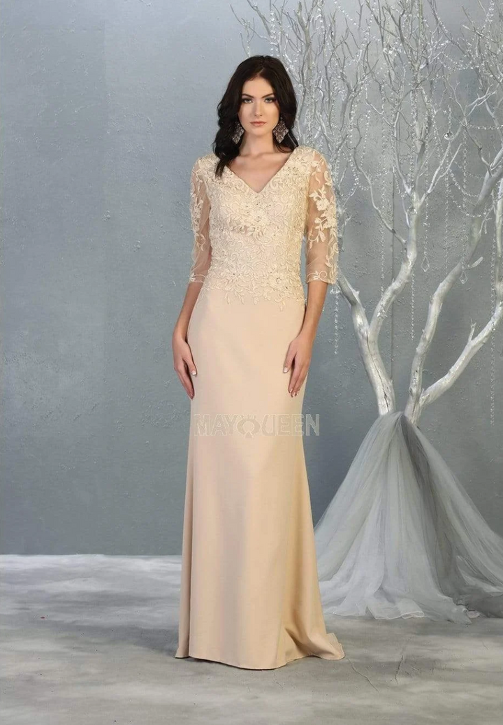 Applique Fitted 3/4 Sleeve Gown by May Queen MQ1783