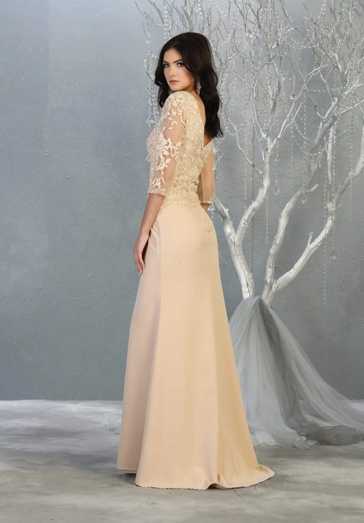 Applique Fitted 3/4 Sleeve Gown by May Queen MQ1783