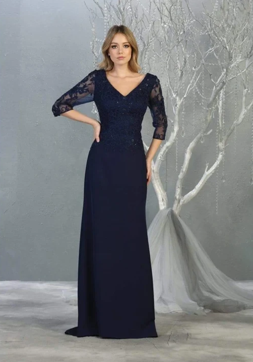 Applique Fitted 3/4 Sleeve Gown by May Queen MQ1783