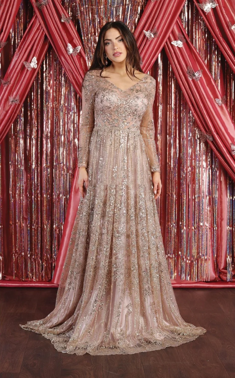 Glitter Long Sleeve A-line Gown by May Queen RQ7920