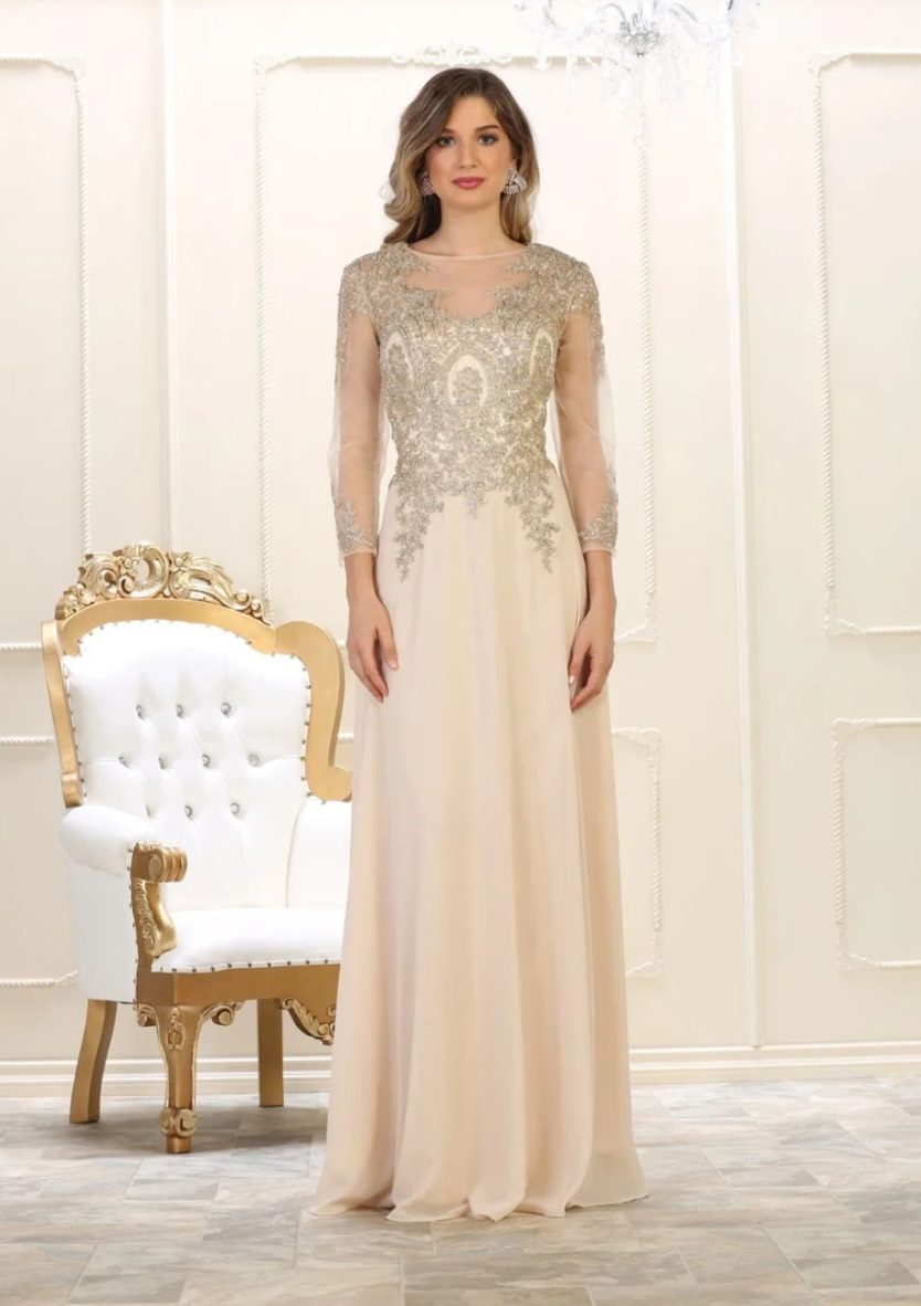 Applique Long Sleeve A-line Gown by May Queen MQ1549