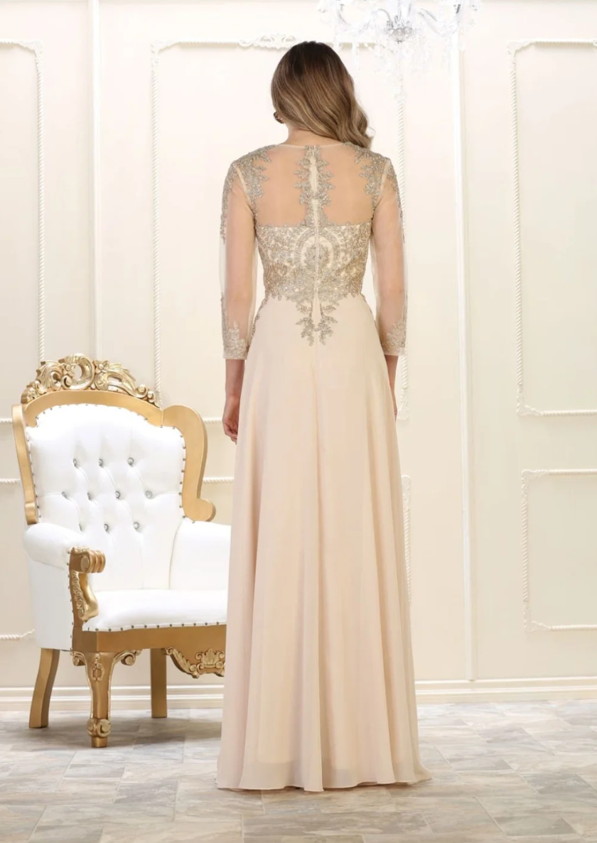 Applique Long Sleeve A-line Gown by May Queen MQ1549