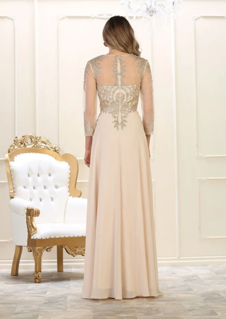 Applique Long Sleeve A-line Gown by May Queen MQ1549