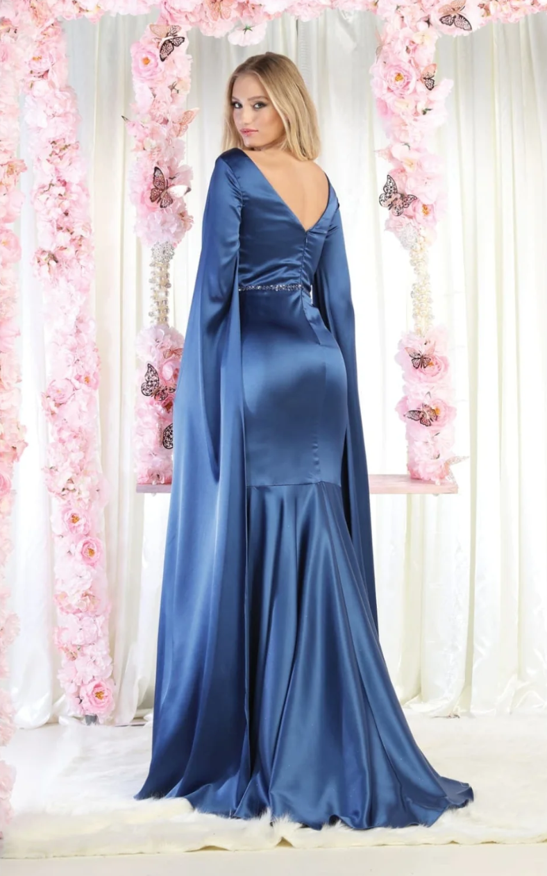 Satin Fitted Cape Sleeve Gown by May Queen RQ7961