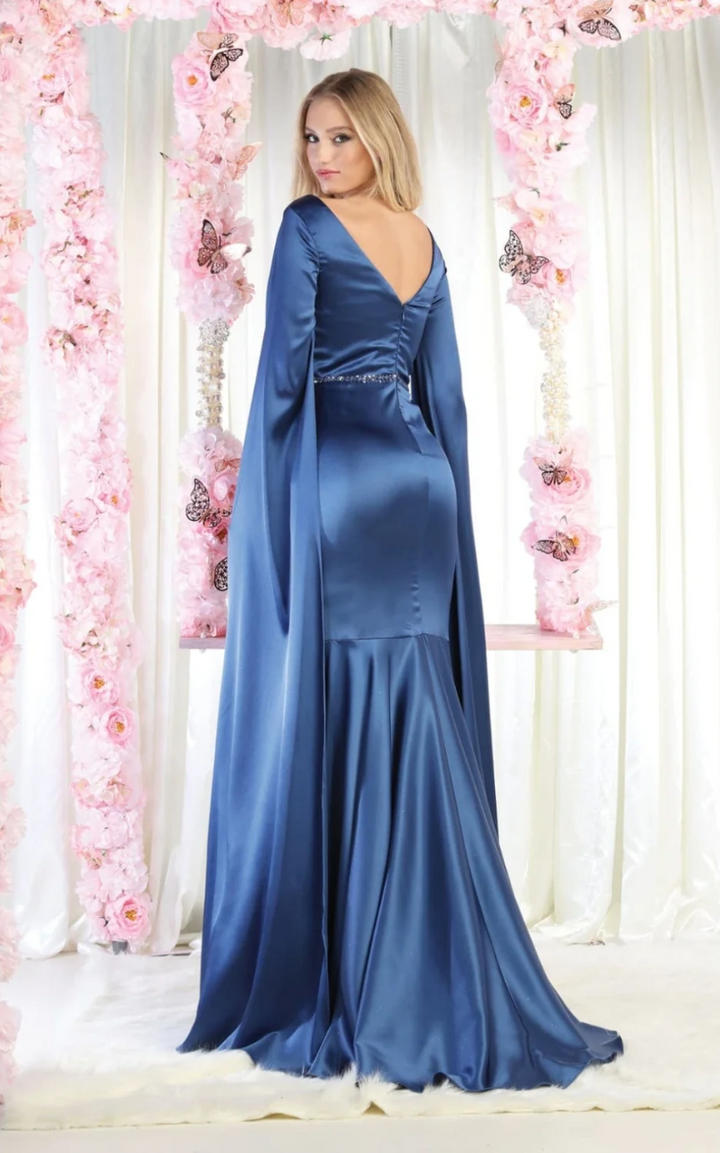 Satin Fitted Cape Sleeve Gown by May Queen RQ7961