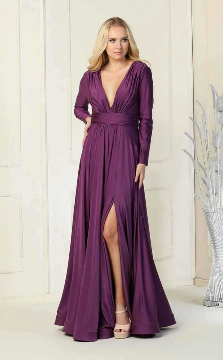 Long Sleeve A-line Slit Gown by May Queen MQ1835