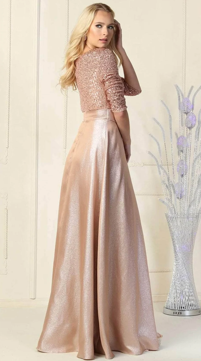 Sequin 3/4 Sleeve A-line Gown by May Queen MQ1852
