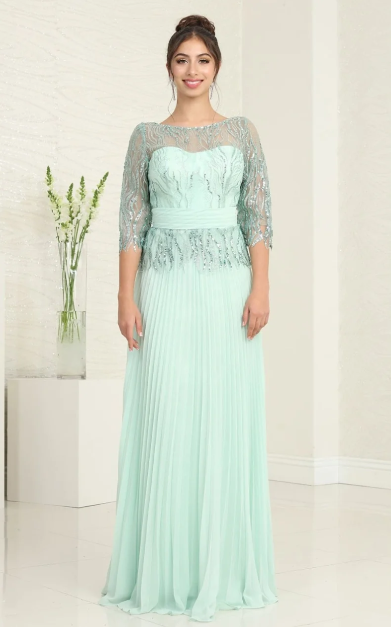 Beaded 3/4 Sleeve A-line Gown by May Queen MQ2007