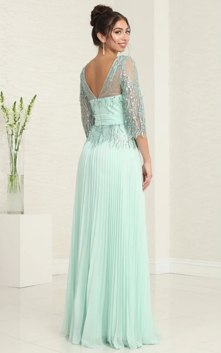 Beaded 3/4 Sleeve A-line Gown by May Queen MQ2007