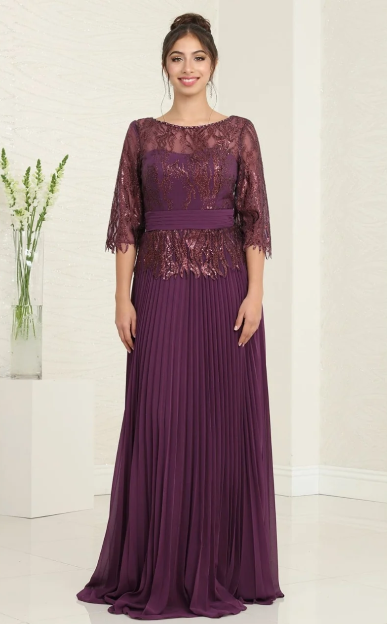Beaded 3/4 Sleeve A-line Gown by May Queen MQ2007