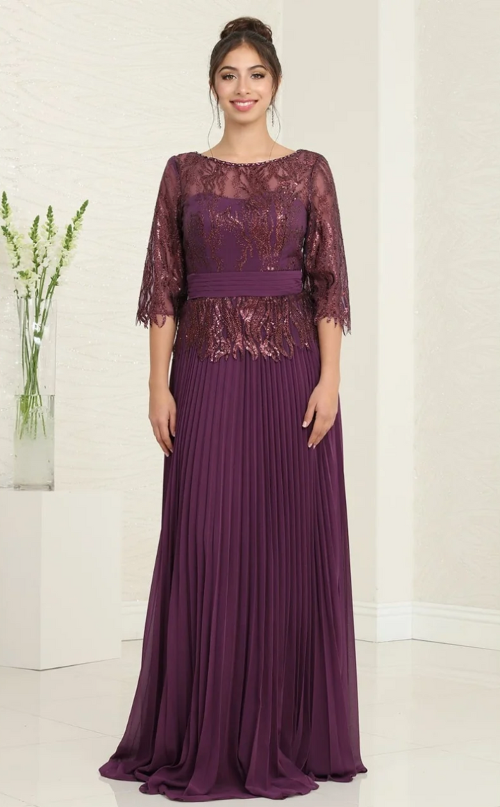Beaded 3/4 Sleeve A-line Gown by May Queen MQ2007
