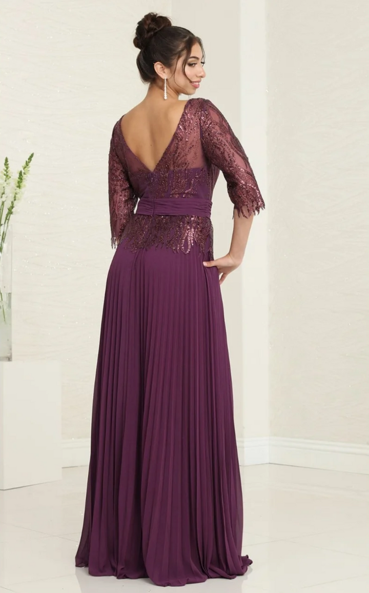 Beaded 3/4 Sleeve A-line Gown by May Queen MQ2007