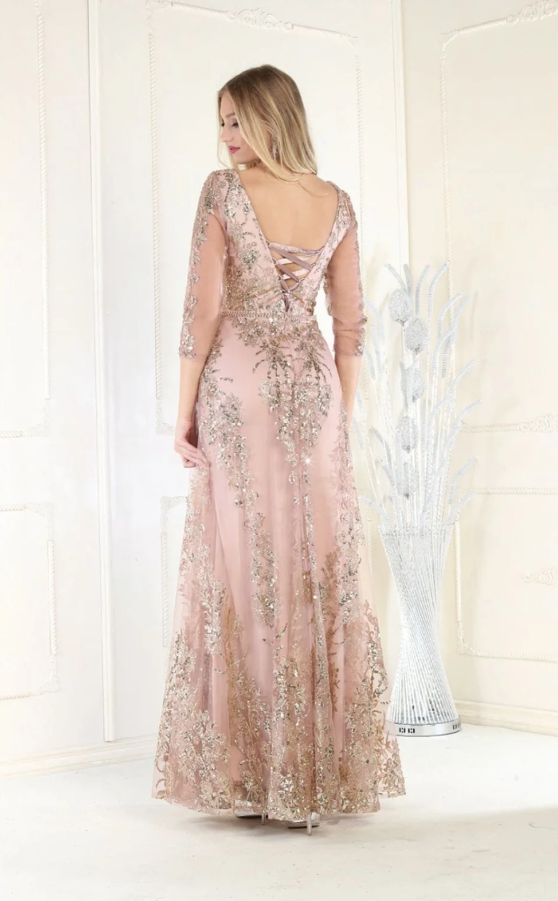 Glitter Long Sleeve Overskirt Gown by May Queen MQ2000