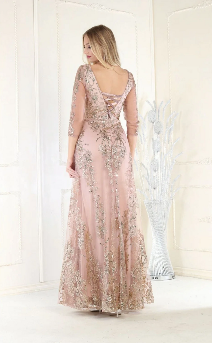 Glitter Long Sleeve Overskirt Gown by May Queen MQ2000