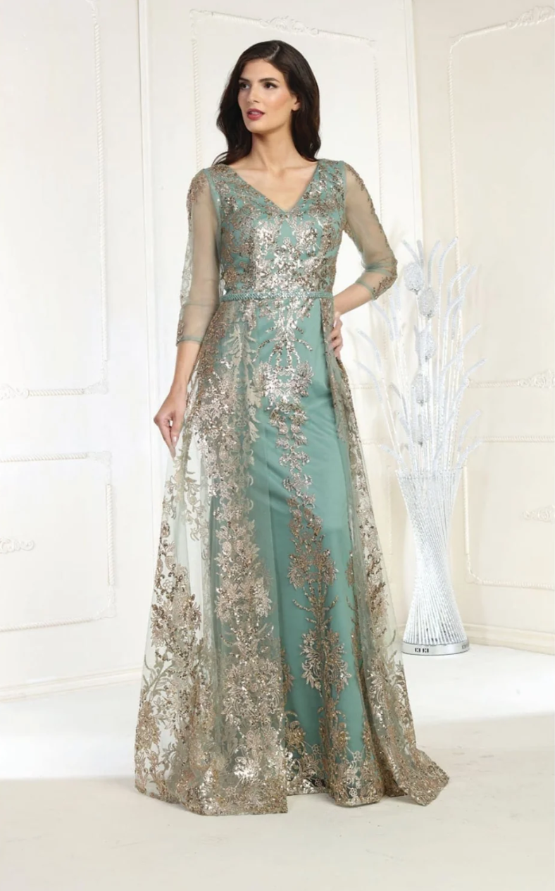 Glitter Long Sleeve Overskirt Gown by May Queen MQ2000