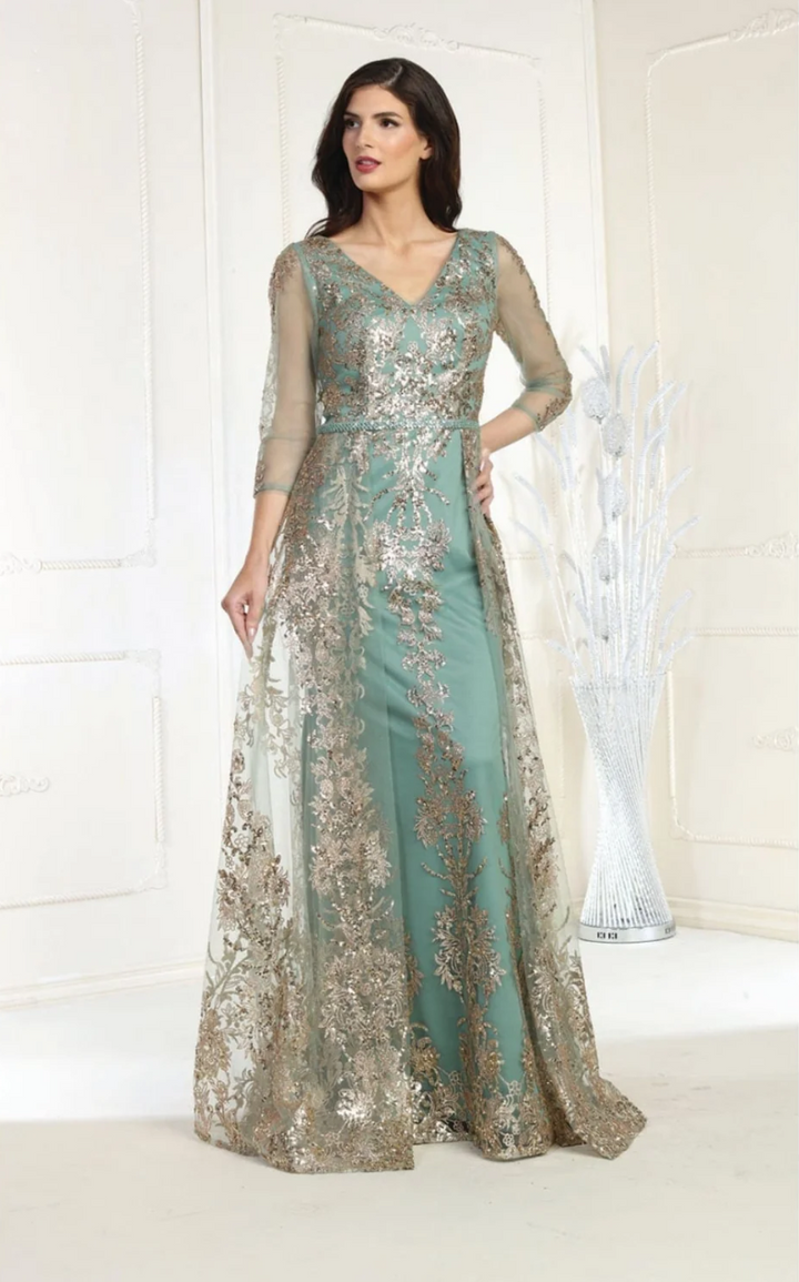 Glitter Long Sleeve Overskirt Gown by May Queen MQ2000