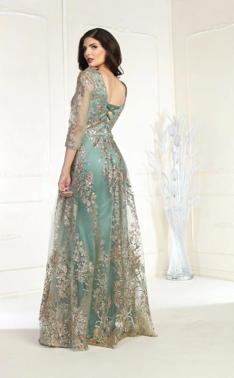 Glitter Long Sleeve Overskirt Gown by May Queen MQ2000