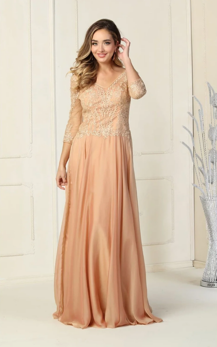 Applique 3/4 Sleeve A-line Gown by May Queen MQ1860