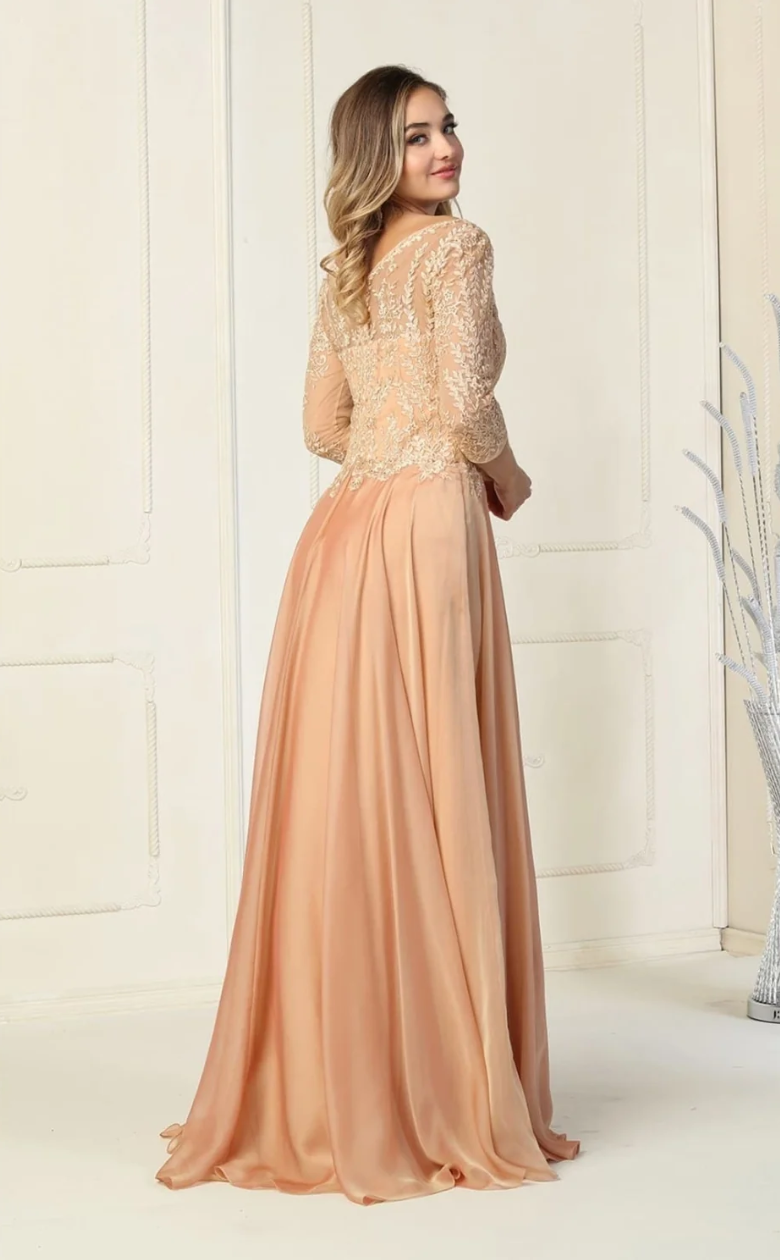 Applique 3/4 Sleeve A-line Gown by May Queen MQ1860