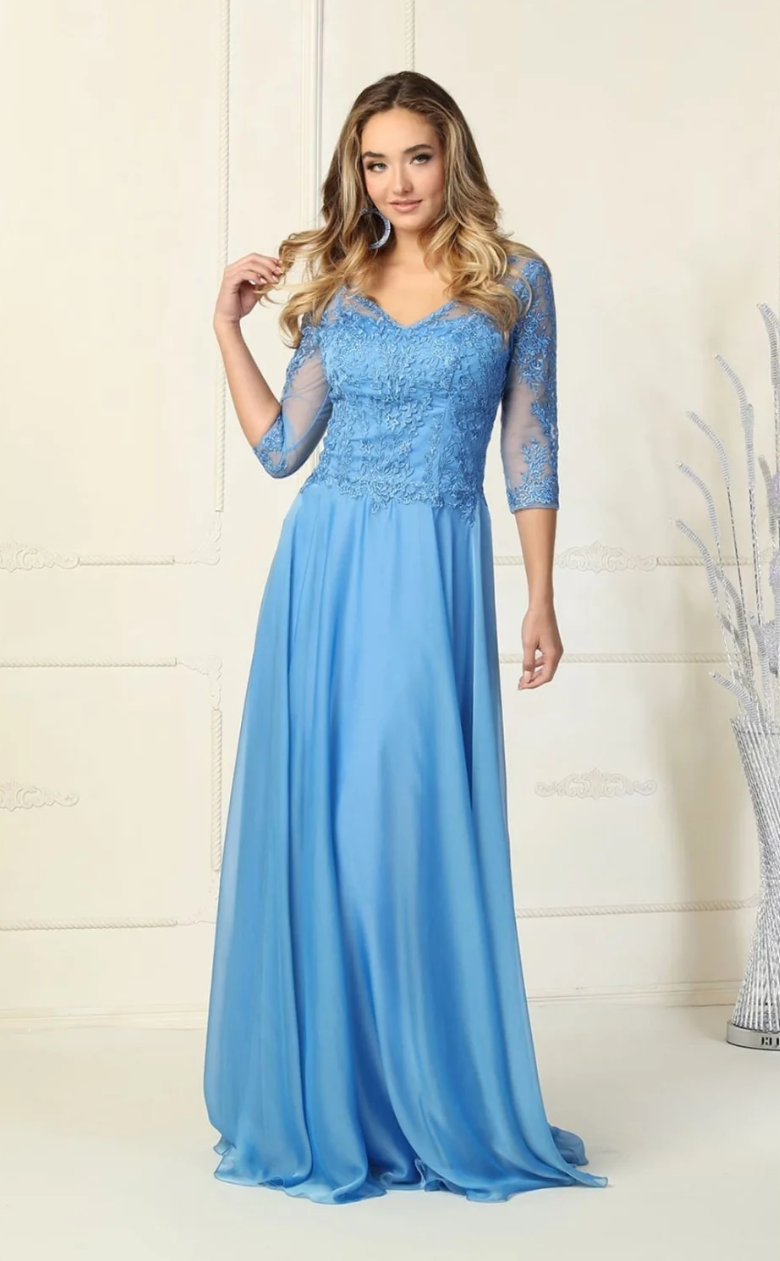 Applique 3/4 Sleeve A-line Gown by May Queen MQ1860