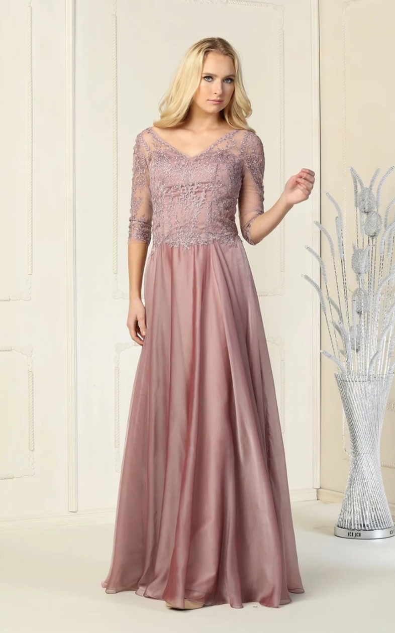 Applique 3/4 Sleeve A-line Gown by May Queen MQ1860