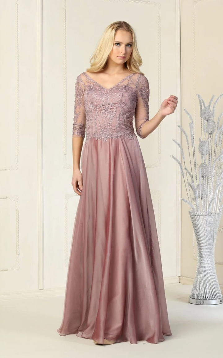 Applique 3/4 Sleeve A-line Gown by May Queen MQ1860