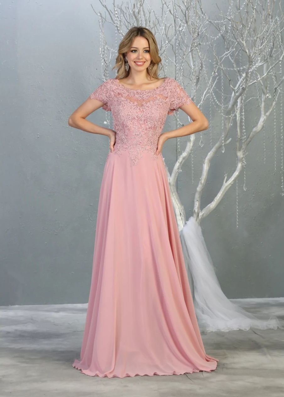 Applique Short Sleeve A-line Gown by May Queen MQ1763