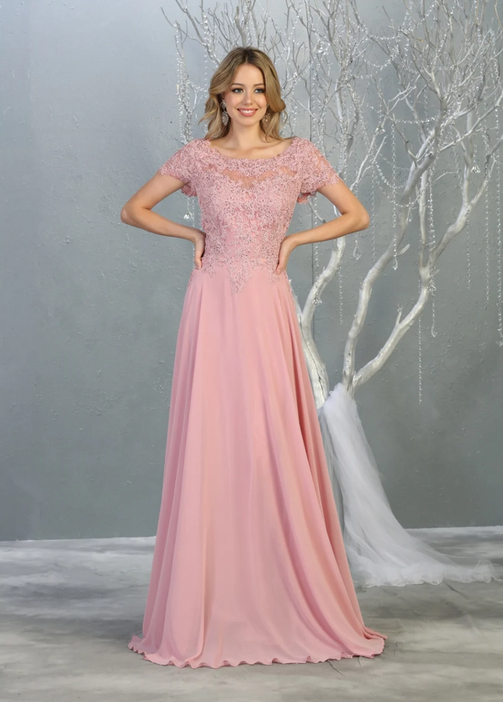 Applique Short Sleeve A-line Gown by May Queen MQ1763