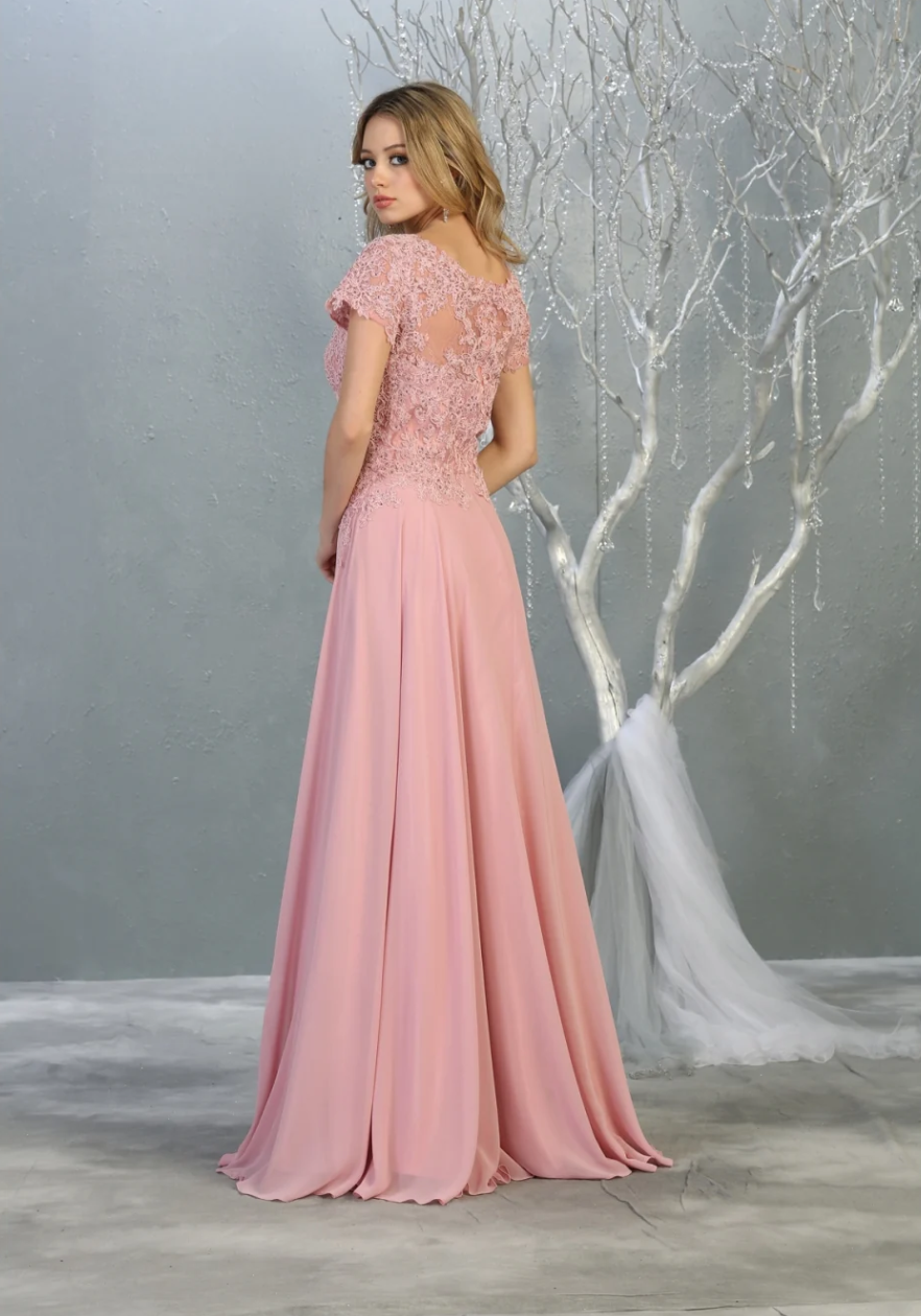 Applique Short Sleeve A-line Gown by May Queen MQ1763