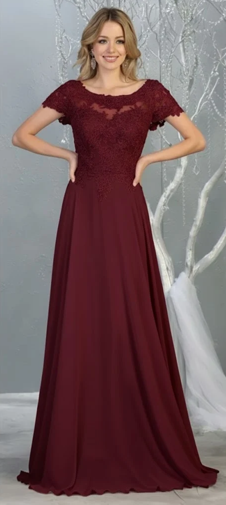 Applique Short Sleeve A-line Gown by May Queen MQ1763