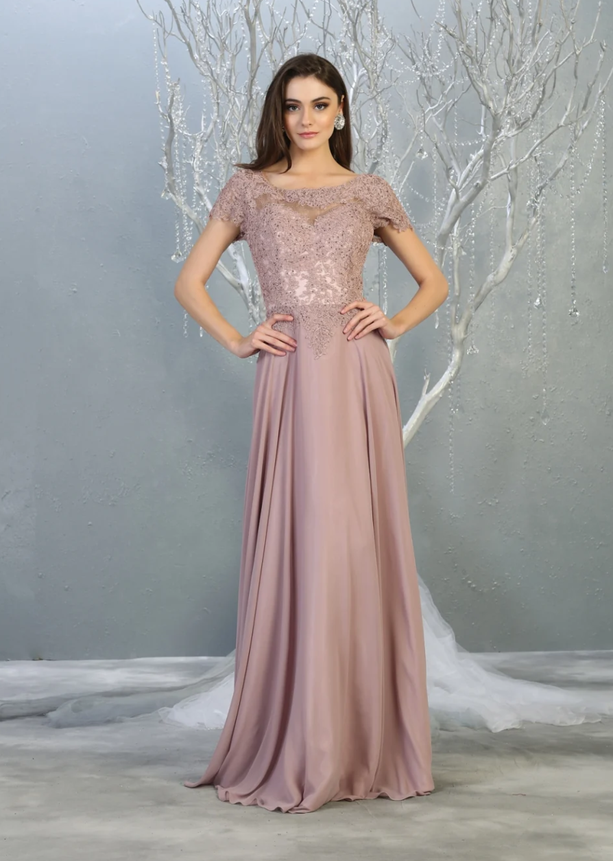 Applique Short Sleeve A-line Gown by May Queen MQ1763