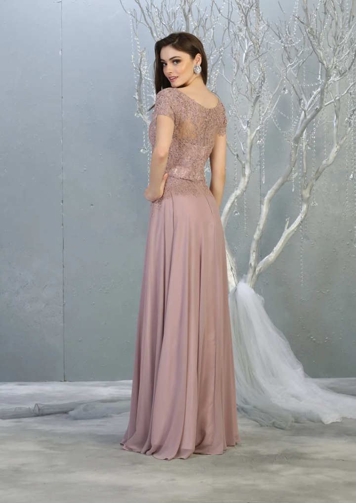 Applique Short Sleeve A-line Gown by May Queen MQ1763