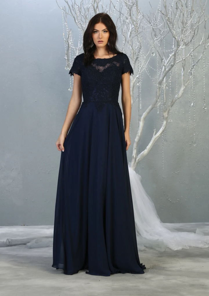 Applique Short Sleeve A-line Gown by May Queen MQ1763