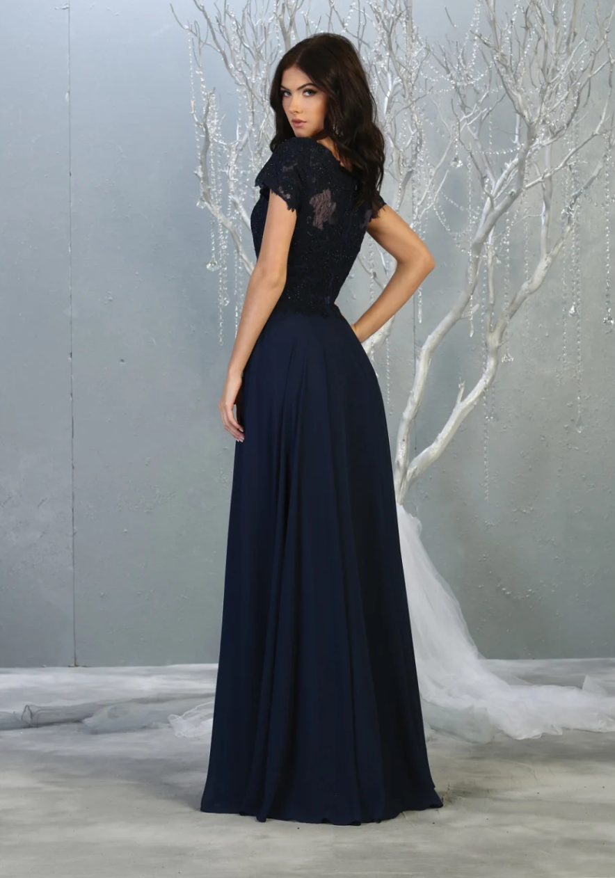 Applique Short Sleeve A-line Gown by May Queen MQ1763