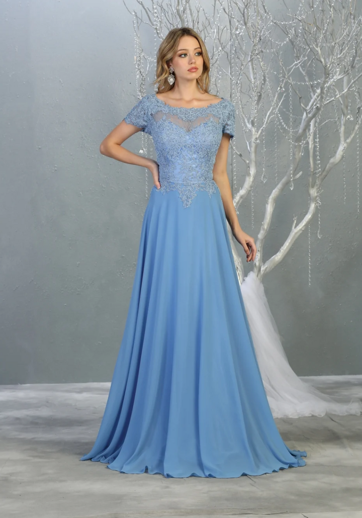 Applique Short Sleeve A-line Gown by May Queen MQ1763