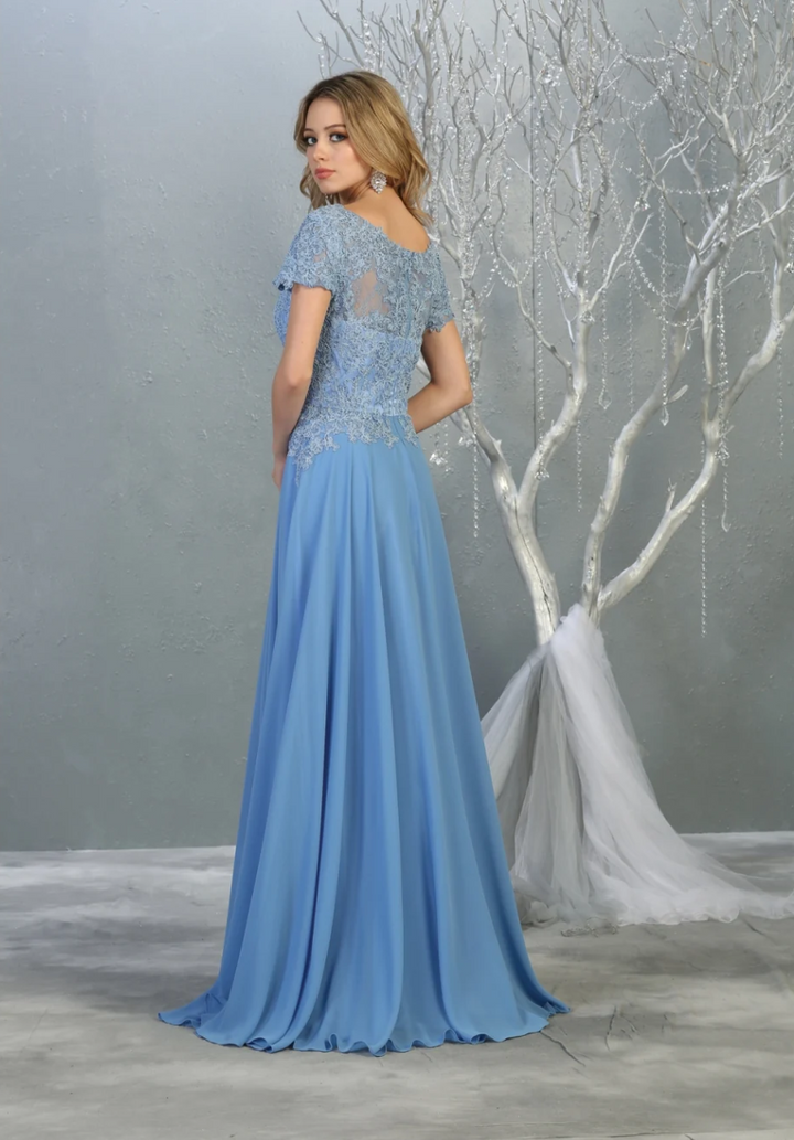 Applique Short Sleeve A-line Gown by May Queen MQ1763