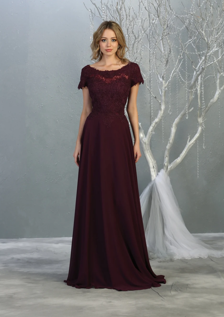 Applique Short Sleeve A-line Gown by May Queen MQ1763