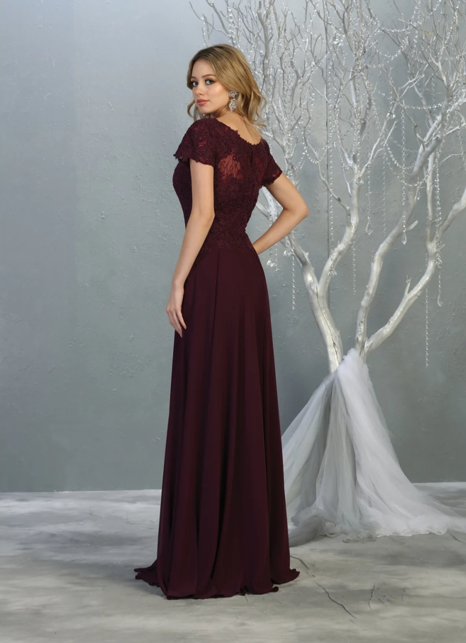 Applique Short Sleeve A-line Gown by May Queen MQ1763