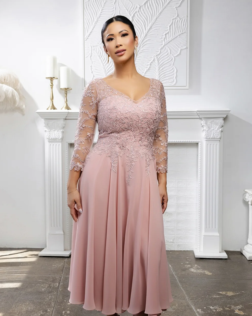 3/4 Sleeve Tea Length Dress by May Queen MQ2108