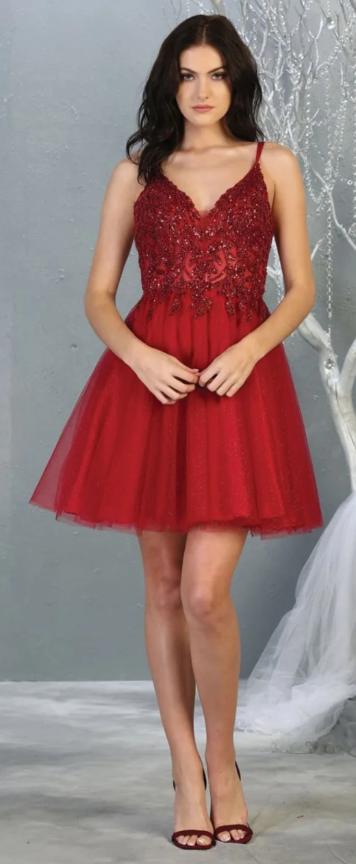 Beaded Short V-Neck A-line Dress by May Queen MQ1813