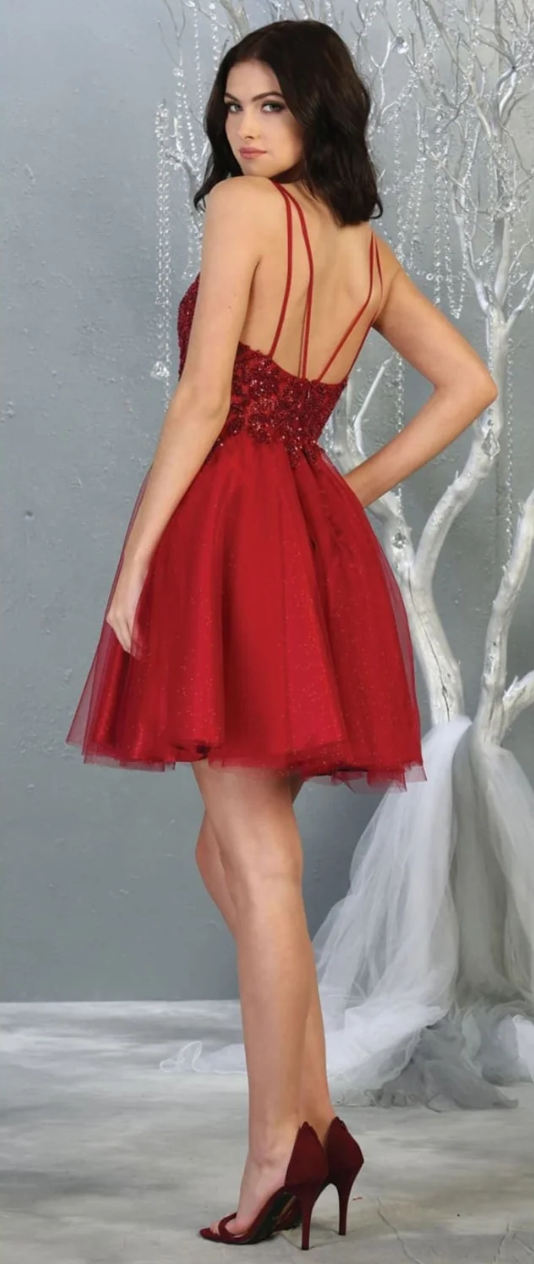 Beaded Short V-Neck A-line Dress by May Queen MQ1813