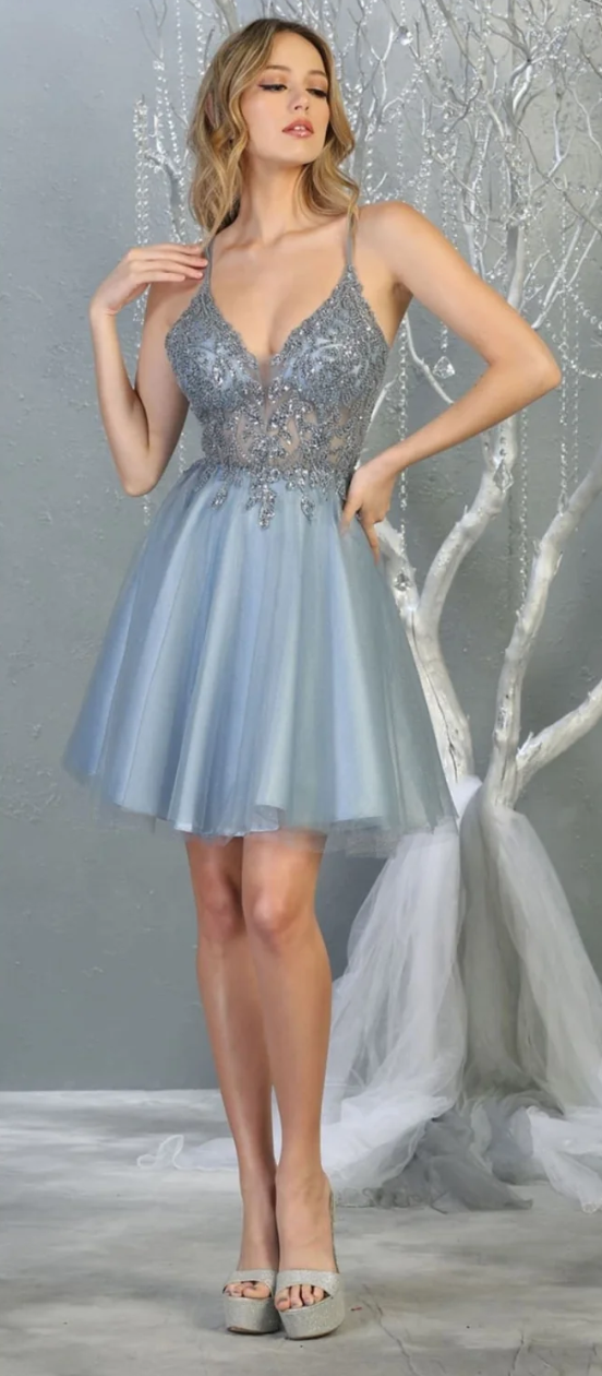 Beaded Short V-Neck A-line Dress by May Queen MQ1813