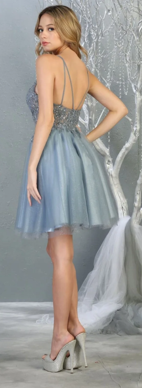 Beaded Short V-Neck A-line Dress by May Queen MQ1813