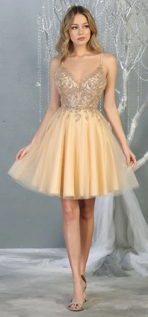 Beaded Short V-Neck A-line Dress by May Queen MQ1813