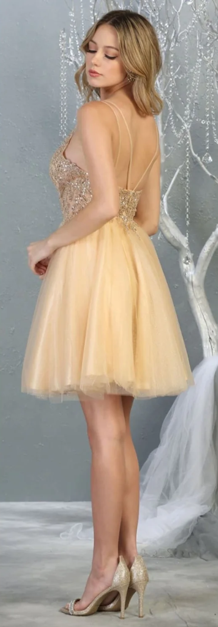 Beaded Short V-Neck A-line Dress by May Queen MQ1813