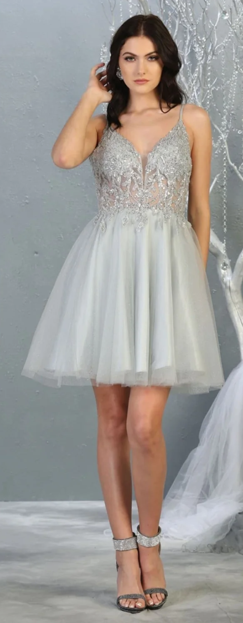Beaded Short V-Neck A-line Dress by May Queen MQ1813