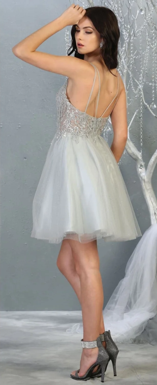 Beaded Short V-Neck A-line Dress by May Queen MQ1813